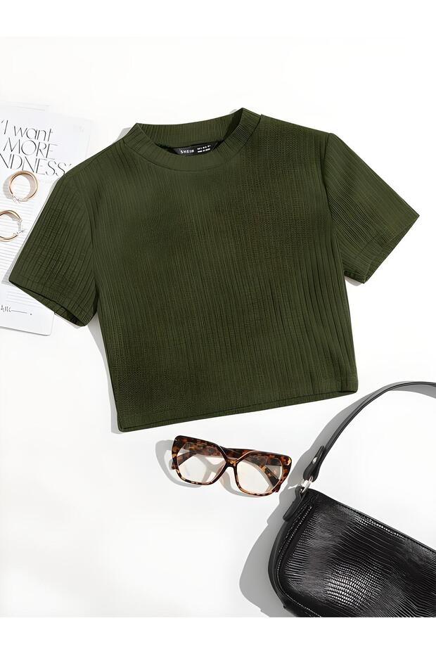 Women's Black Ribbed Half Crew Neck Crop Blouse