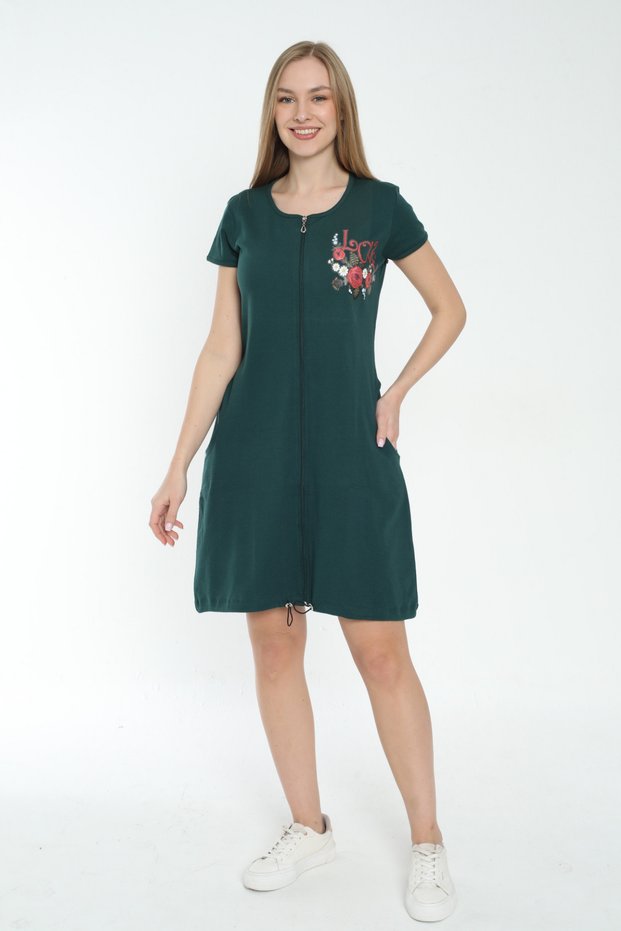 women's green zipper pocket embroidery detailed short-sleeved 100% cotton dress