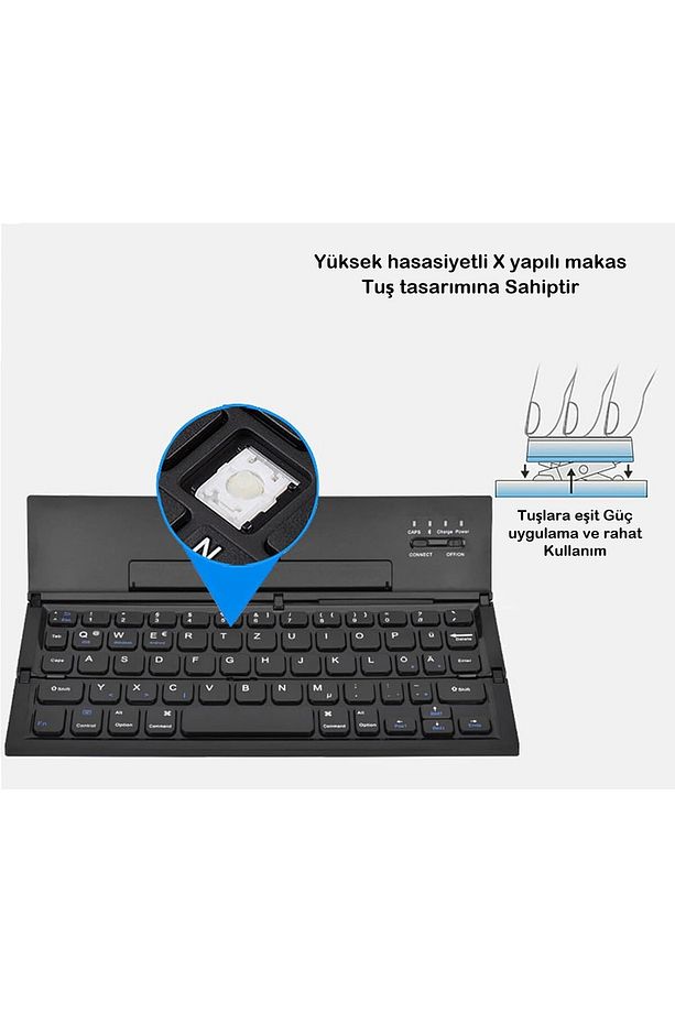 Kablosuz Mini Klavye, Standlı Katlanabilir Şarj Edilebilir Bluetooth Klavye Tablet / Telefon Uyumlu - 7