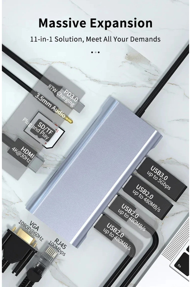 Macbook Uyumlu 11-in-1 tip-c USB 3.0 Hub 4K HDMI VGA PD RJ45 Adaptörü Çoklayıcı Çoğaltıcı - 5