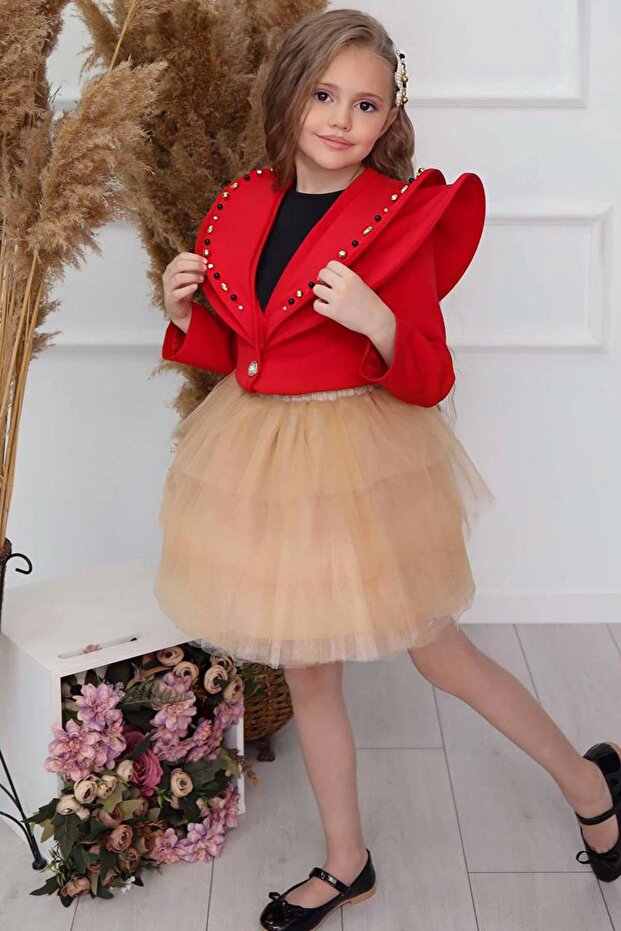 Girl's V-Neck and Stone Detailed Jacket Red Skirt Set