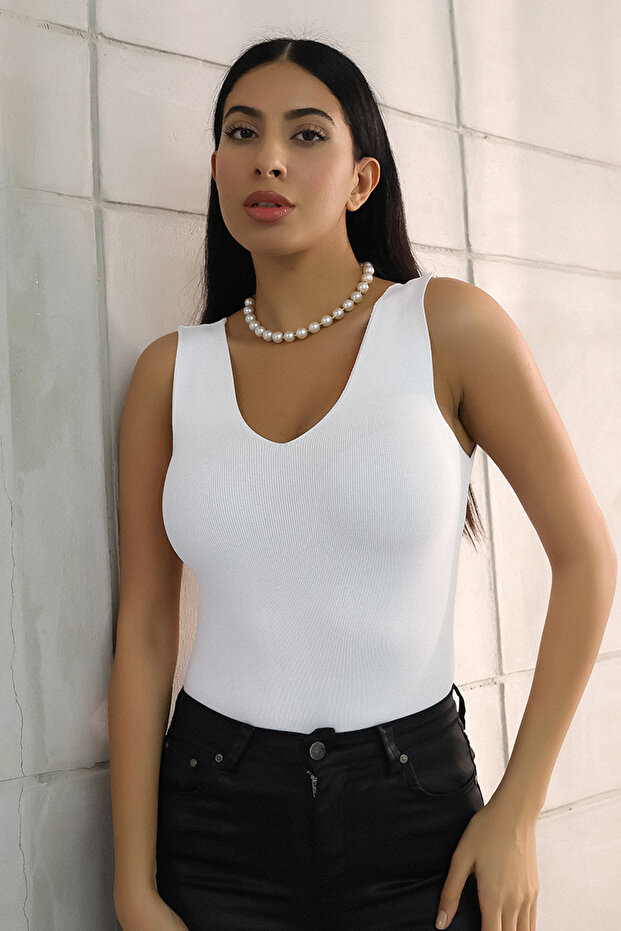 V Yaka Kalın Askılı Basic Yazlık Kadın Triko Atlet - 1