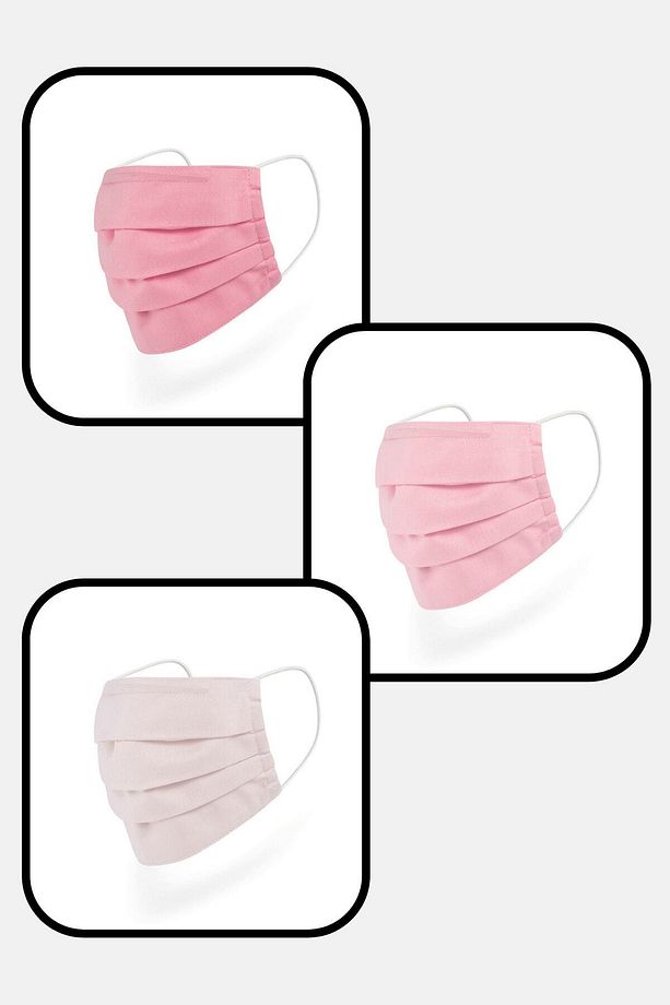 Konfor Serisi 3 Katlı Telli Pembe Renkli Pamuklu Kumaş Yıkanabilir Bez Maske 3'lü Set - 7
