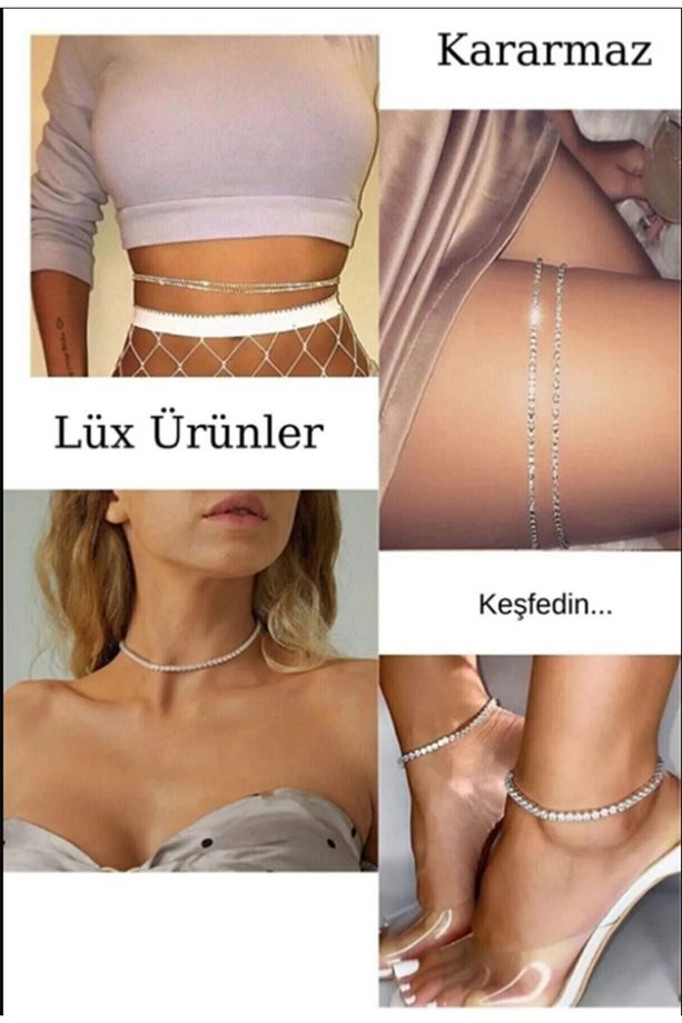 Kristal Taşlı Su Yolu Takı Seti-1Choker Kolye,2Bacak Aksesuarı, 2li-Bel Takısı ve 2-Halhal Xs--Xl - 1