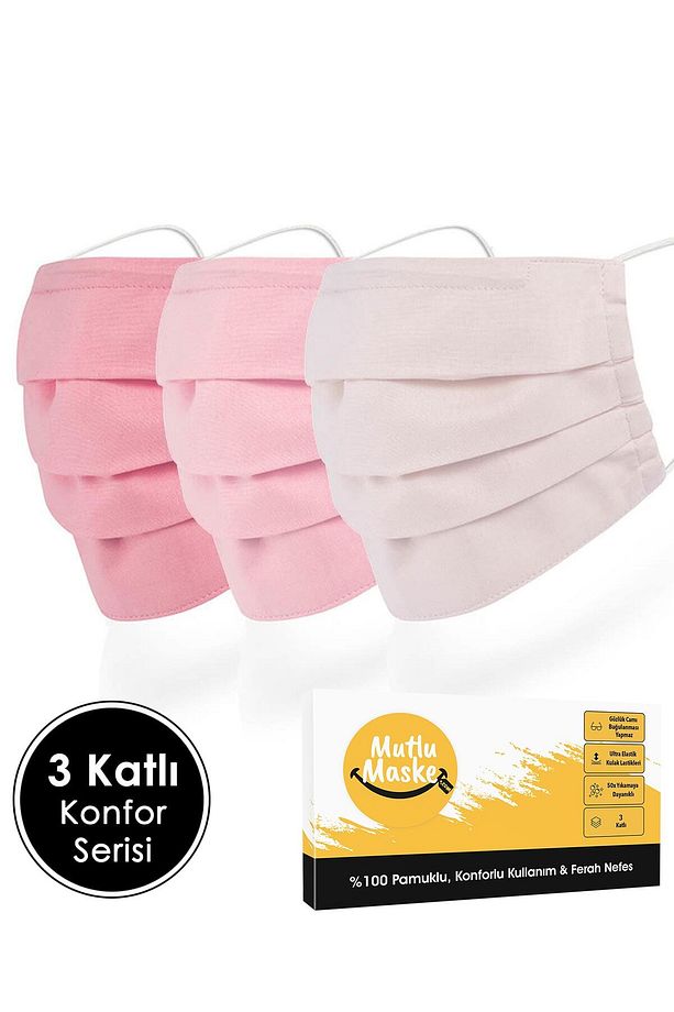 Konfor Serisi 3 Katlı Telli Pembe Renkli Pamuklu Kumaş Yıkanabilir Bez Maske 3'lü Set - 1