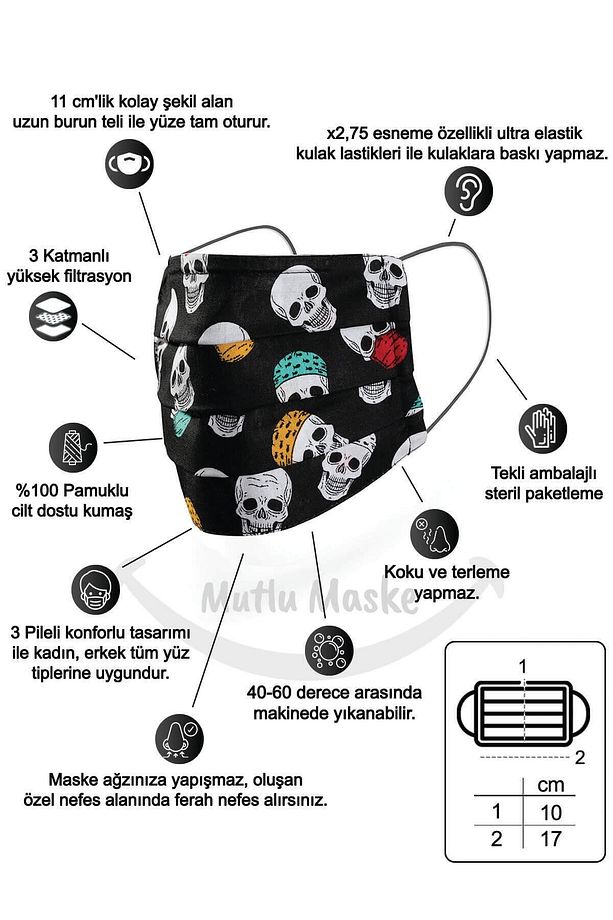 Konfor Modeli 3 Katlı Telli Siyah Kuru Kafa Desenli Unisex Pamuklu Kumaş Yıkanabilir Bez Maske - 2