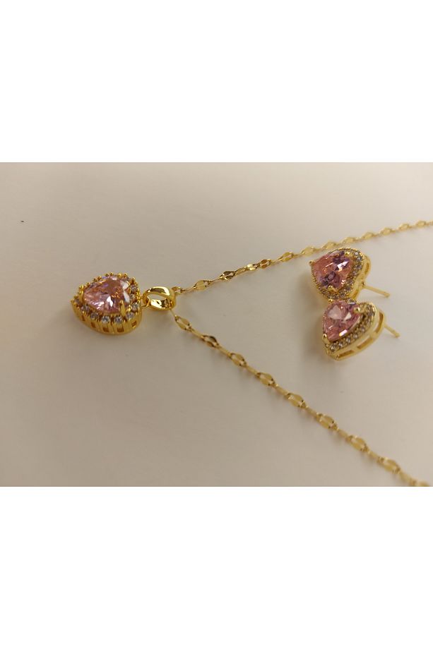 Pembe Taşlı Altın Rengi Paslanmaz Çelik Kolye & Küpe Seti - 7