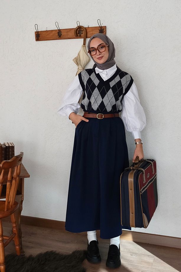Lacivert Tek Düğmeli Etek I SENA - 3