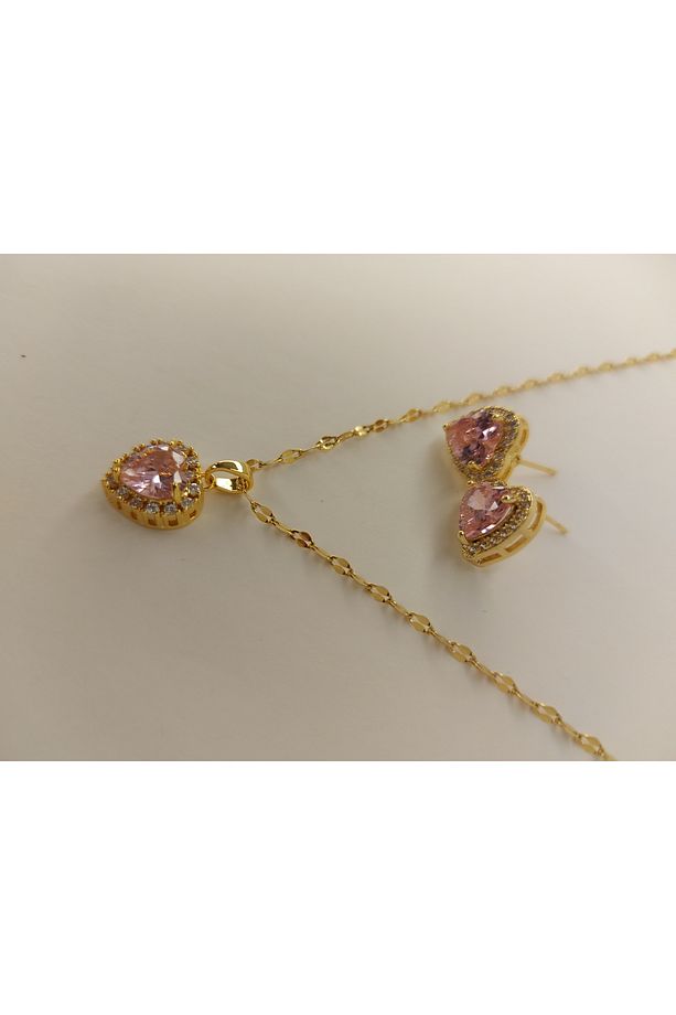 Pembe Taşlı Altın Rengi Paslanmaz Çelik Kolye & Küpe Seti - 8