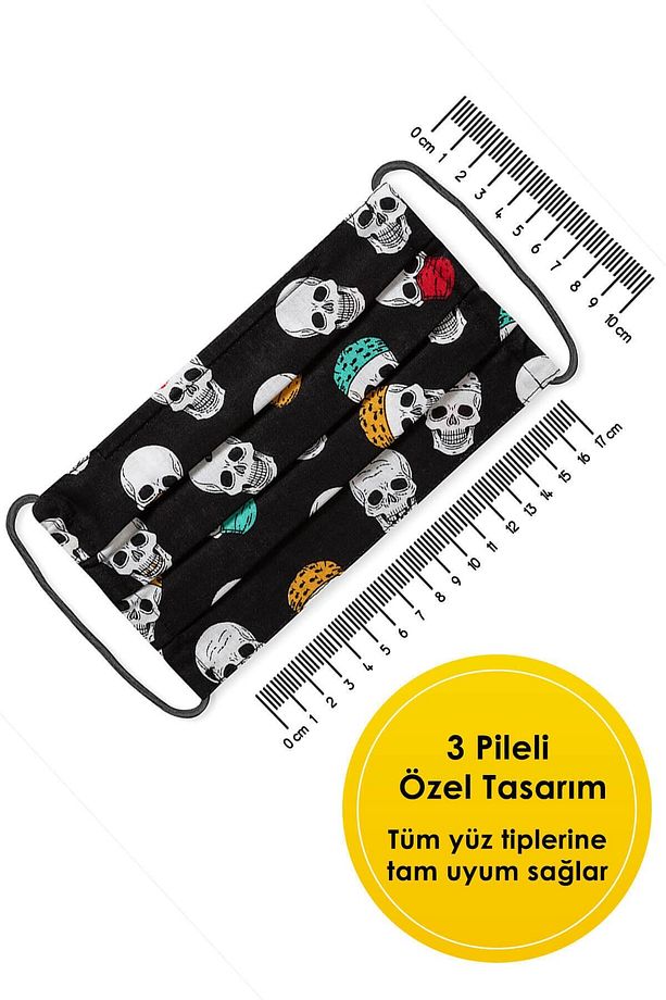 Konfor Modeli 3 Katlı Telli Siyah Kuru Kafa Desenli Unisex Pamuklu Kumaş Yıkanabilir Bez Maske - 6