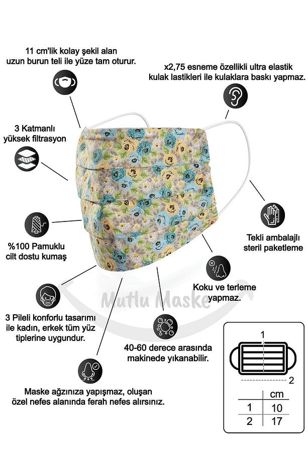 Konfor Modeli 3 Katlı Telli Sarı Renkli Çiçekli Desenli Unisex Pamuklu Kumaş Yıkanabilir Bez Maske - 2