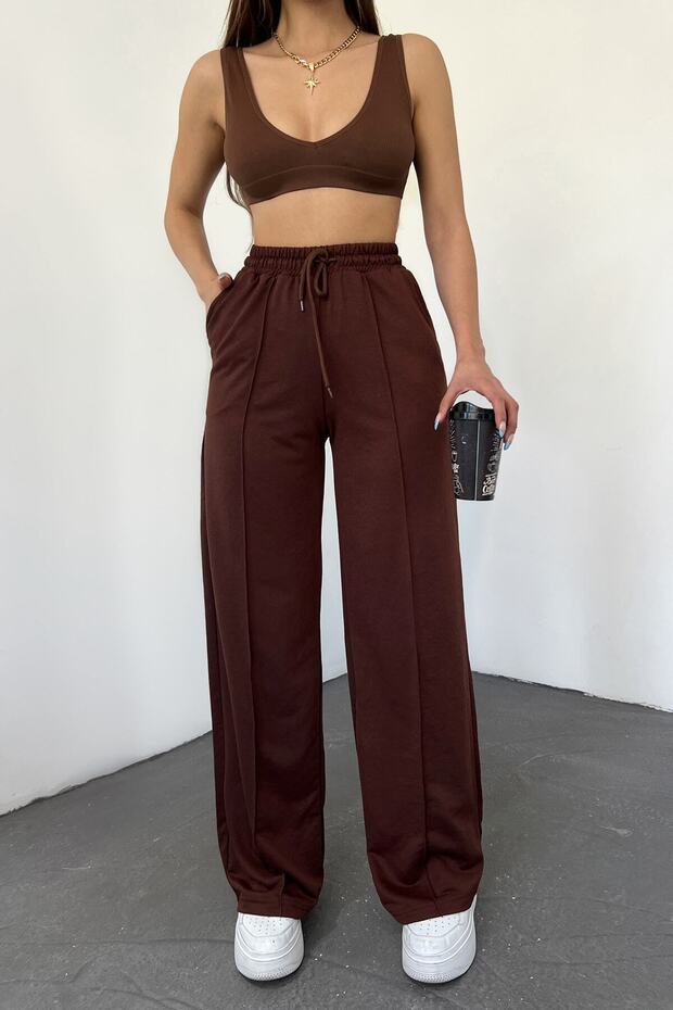 Women's Brown Ribbed Wide-Leg Sweatpants