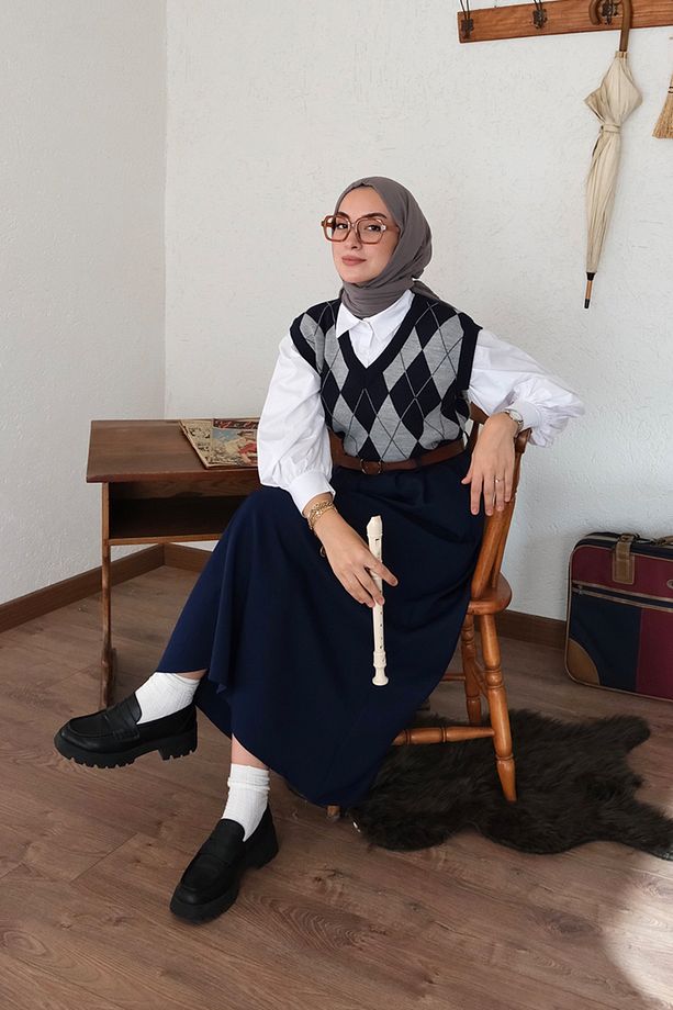 Lacivert Tek Düğmeli Etek I SENA - 5