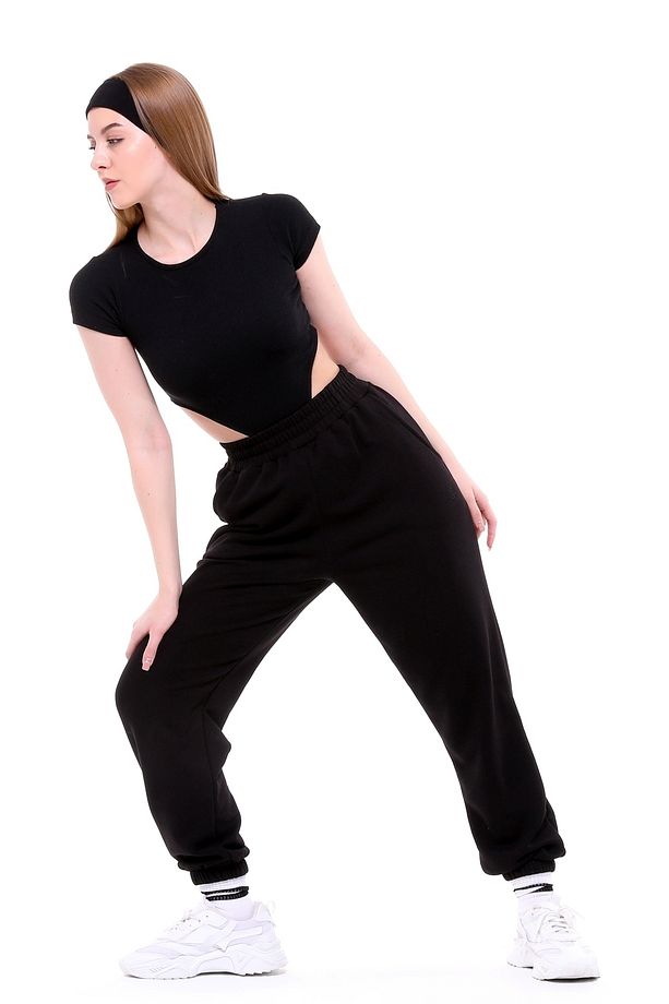 Kadın Siyah Jogger Eşofman Altı - Oversize (CEPLİ, YÜKSEK BEL) - 4