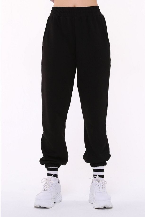 Kadın Siyah Jogger Eşofman Altı - Oversize (CEPLİ, YÜKSEK BEL) - 6