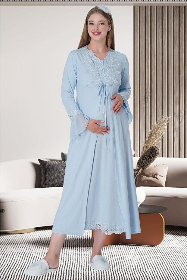 1518 Blue Maternity Nightdress Set