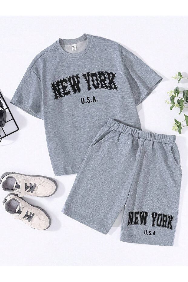gray newyork printed children's bottom set with shorts