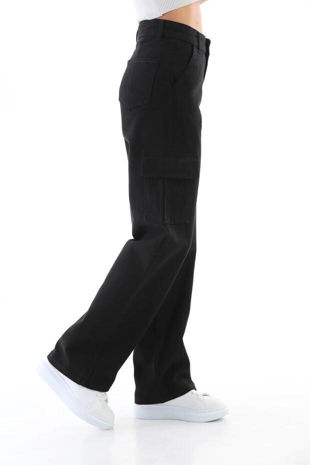 Girl's Cargo Pocket Detailed High Waist Wide Leg Black Jeans