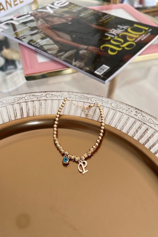 Dorica Bracelet with Letter P and Evil Eye Hanging