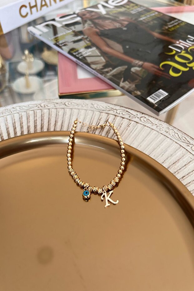 Dorica Bracelet with Letter K and Evil Eye Hanging