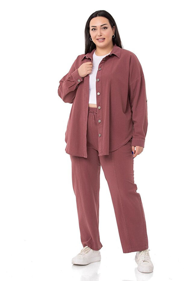 Plus Size Plum Trousers with Elastic Waist and Rope Drawstring Detail - 4