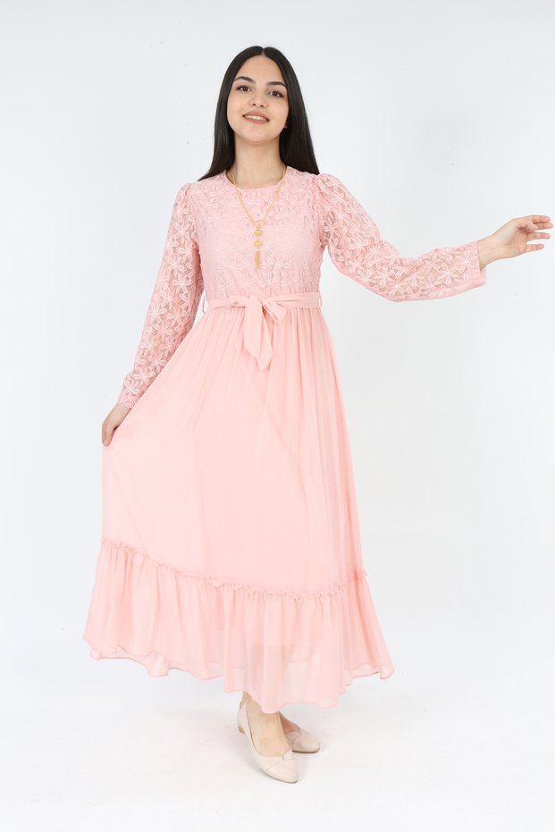 Young Girl Long Length Lace Guipure Embroidered Chiffon Hijab Dress