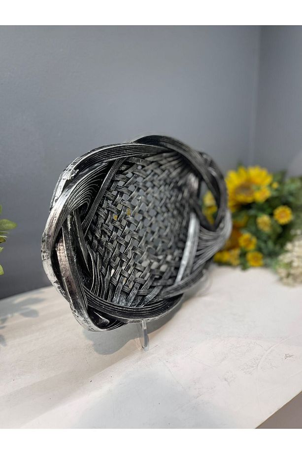 Dekoratif Polyester Tekli Hasır Sunumluk Tepsi Gümüş Siyah Eskitme - 5