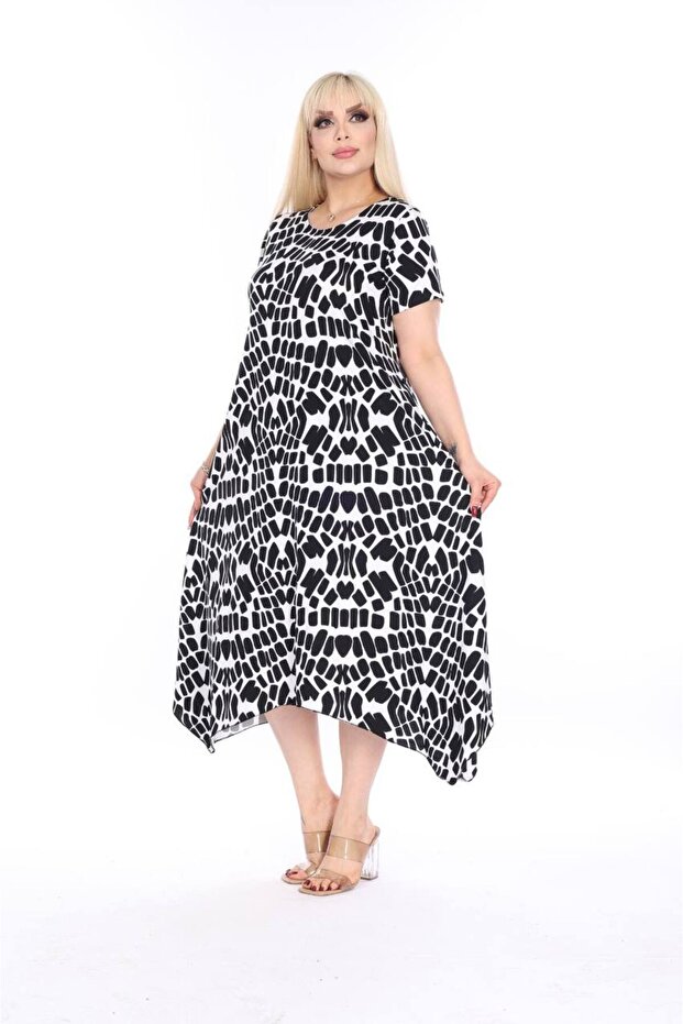 Plus Size Women's Relaxed Cut Patterned Short Sleeve Asymmetric cut skirt Viscose Combed Cotton Dress