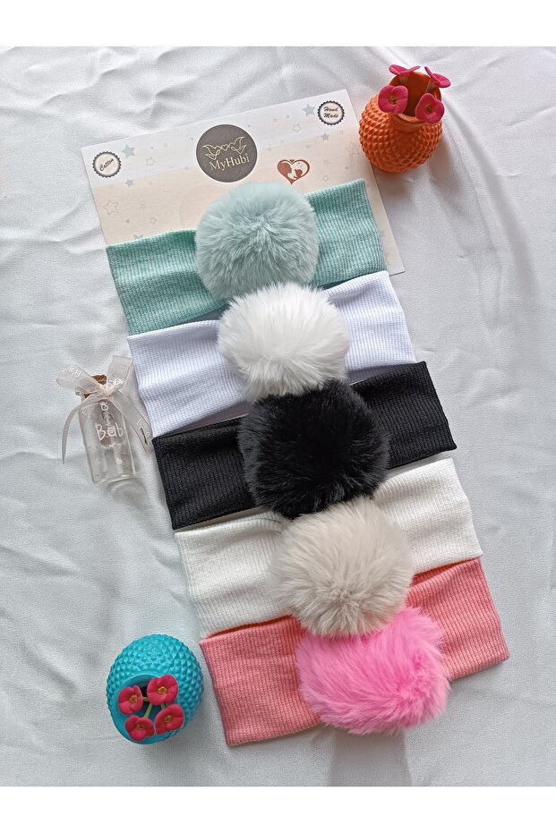 5-Piece Combination (Boxed) Handmade Baby Girl Rabbit Hair Pompom Bandana