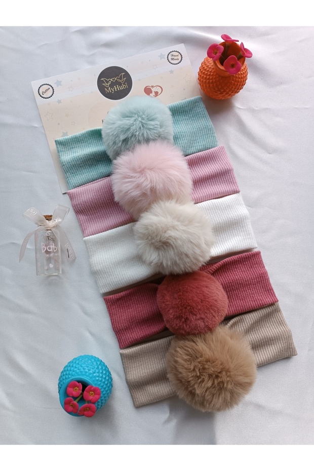 5-Piece Combination Handmade Baby Girl Rabbit Hair Pompom Bandana