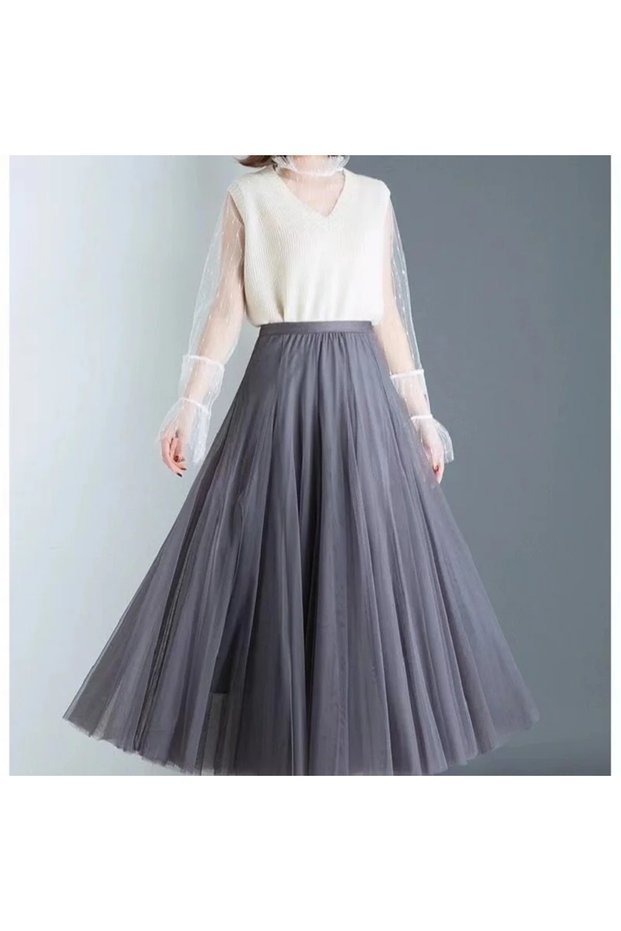 3 Layer Gray Tulle Skirt Casual High Waist Pleated 75 cm Midi Tulle Skirt