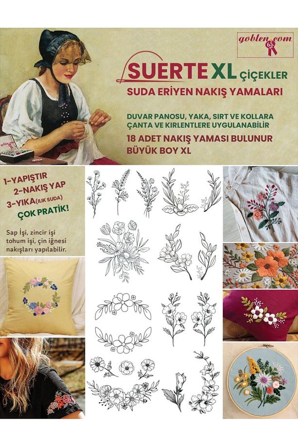 Suerte Yapışkanlı Suda Eriyen Nakış Yamaları, Büyük Xl Çiçekler, 18 Ad. Nakış Etiketi, Eriyen Tela - 1