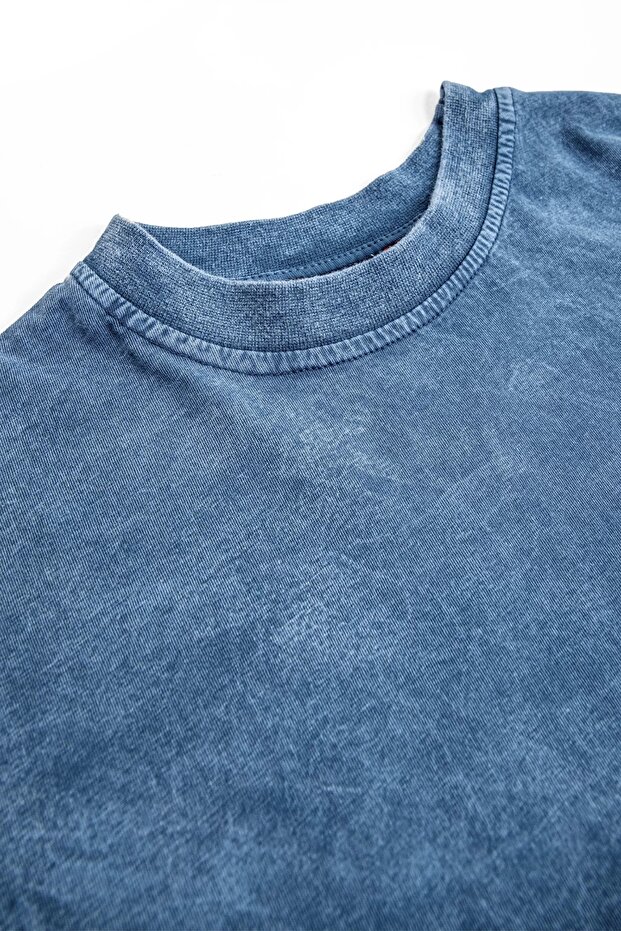 Yıkamalı Mavi Basic Oversize Unisex Tshirt - 4