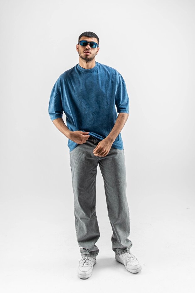 Yıkamalı Mavi Basic Oversize Unisex Tshirt - 7