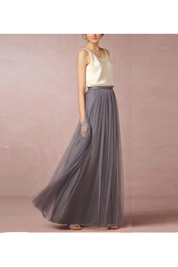3 Layer Gray Tulle Skirt Comfortable High Waist Pleated 105 cm Long Tulle Skirt