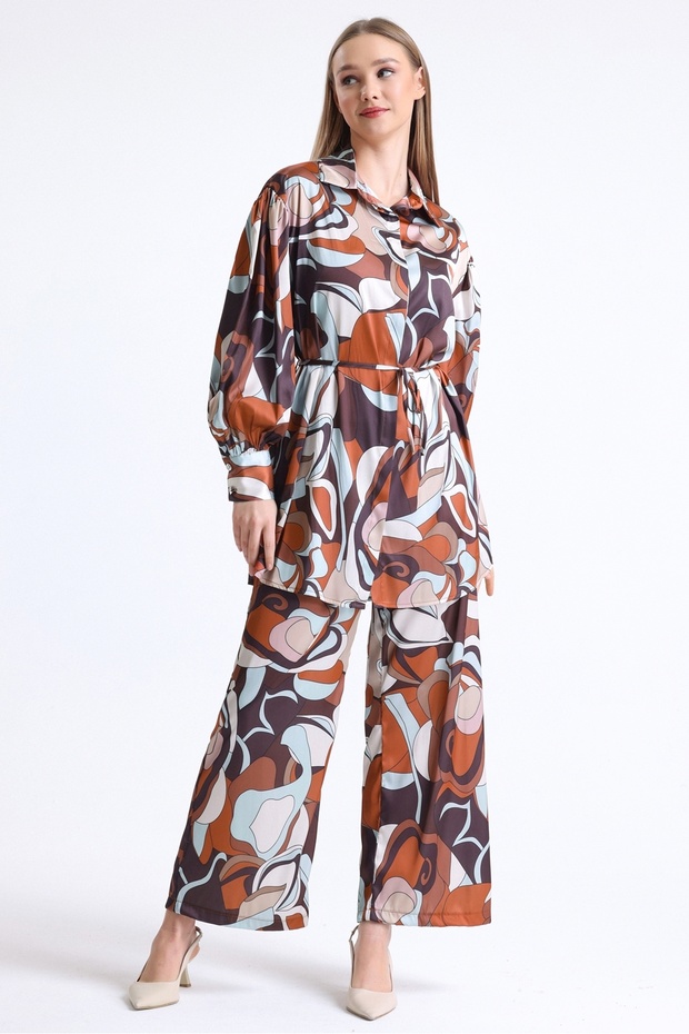 Women's Geometric Patterned Belted Wide Leg Trousers and Balloon Sleeve Tunic Bottom-Top Satin Set