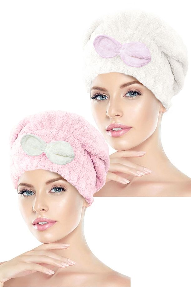 2 Adet Mikrofiber Saç Havlusu Bonesi Lastikli Fiyonklu - 1