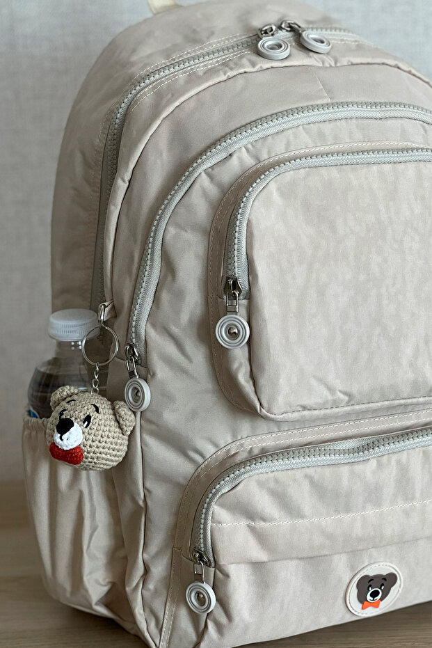 Unisex Dirty Beige Backpack School Bag Laptop And Travel Bag Waterproof with Amigurumi Teddy Bear