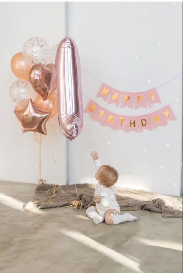 1 YEAR OLD BIRTHDAY SET ROSEGOLD SET 1 YEAR OLD ROSEGOLD FOIL BALLOON HAPPY BIRTHDAY BANNER STAR HEART FOIL
