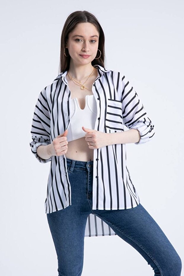Women's Black Sleeve Folded Single Pocket Oversize Striped Shirt 302