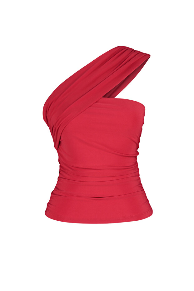 Kırmızı Tek Omuz Detaylı Derapeli Esnek Örme Bluz TWOSS24BZ00214 - 6