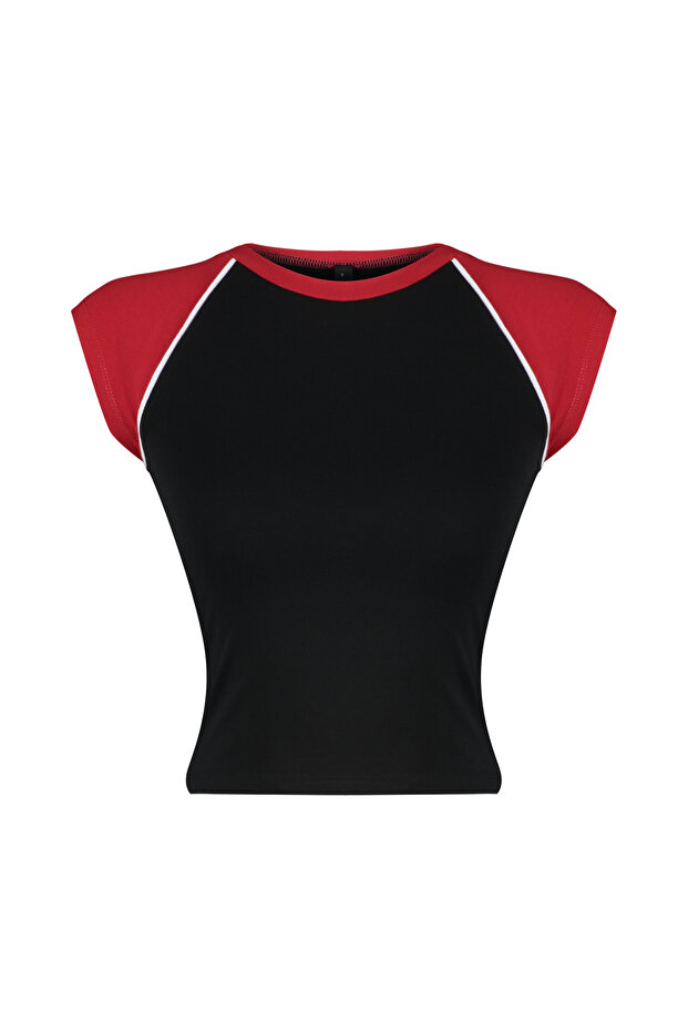 Siyah Renk Bloklu Slim Bisiklet Yaka Pamuklu Esnek Örme T-Shirt TWOSS24TS00067 - 7
