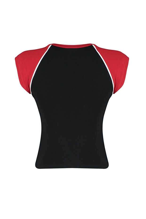 Siyah Renk Bloklu Slim Bisiklet Yaka Pamuklu Esnek Örme T-Shirt TWOSS24TS00067 - 8