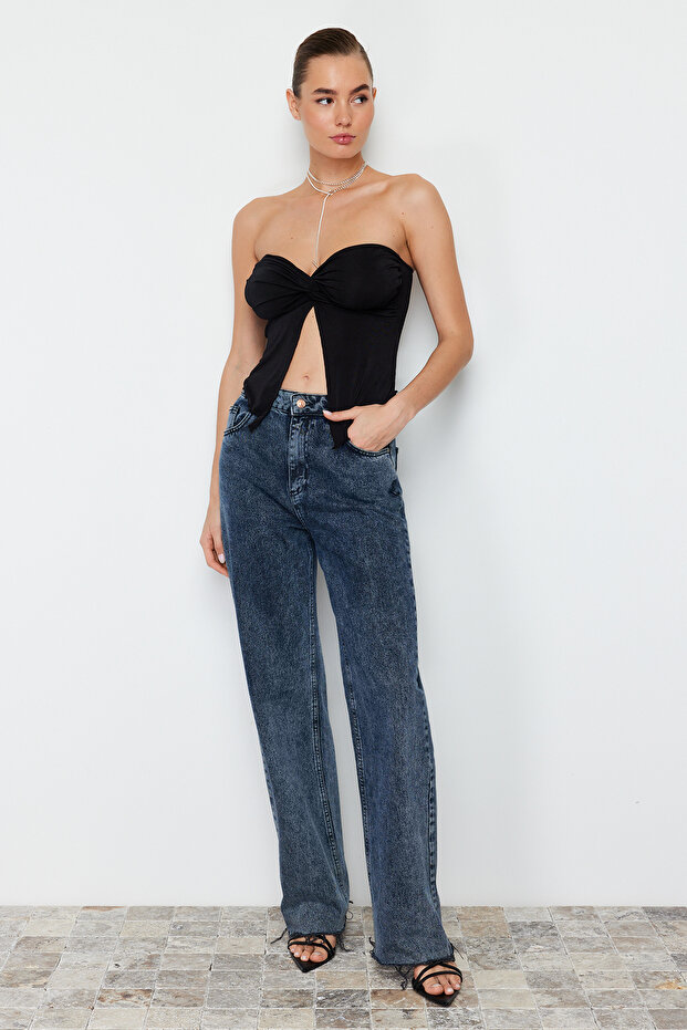 Siyah Buzzy Kalp Yaka Büzgülü Esnek Crop Örme Bluz TWOSS24BZ00204 - 6