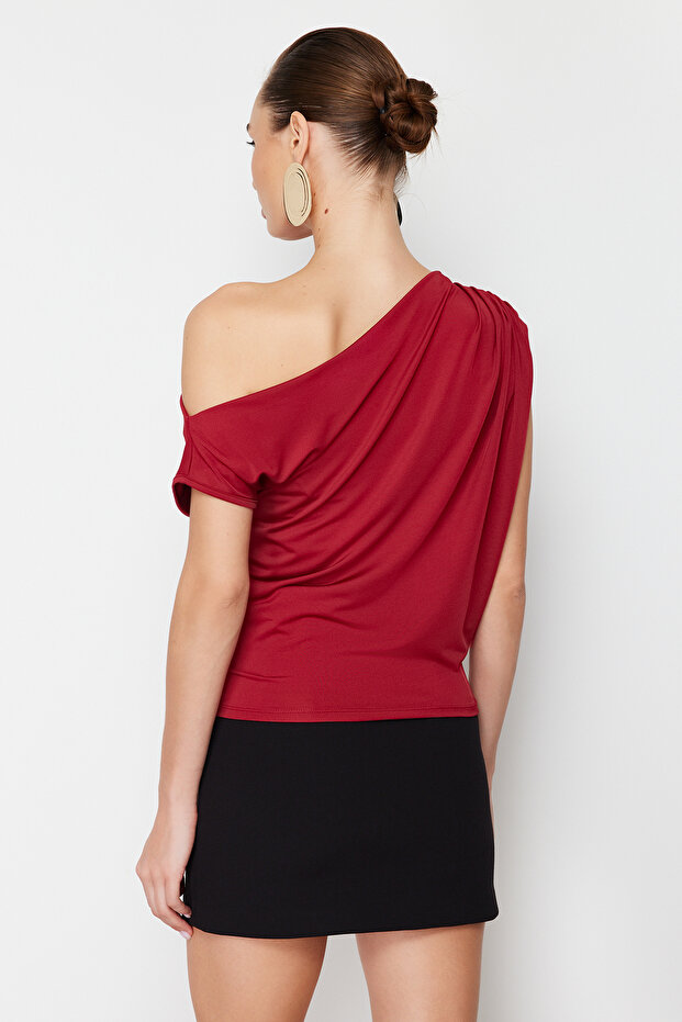 Bordo Regular/Normal Kalıp Asimetrik Yaka Sıfır Kol Esnek Örme Bluz TWOSS24BZ00396 - 4