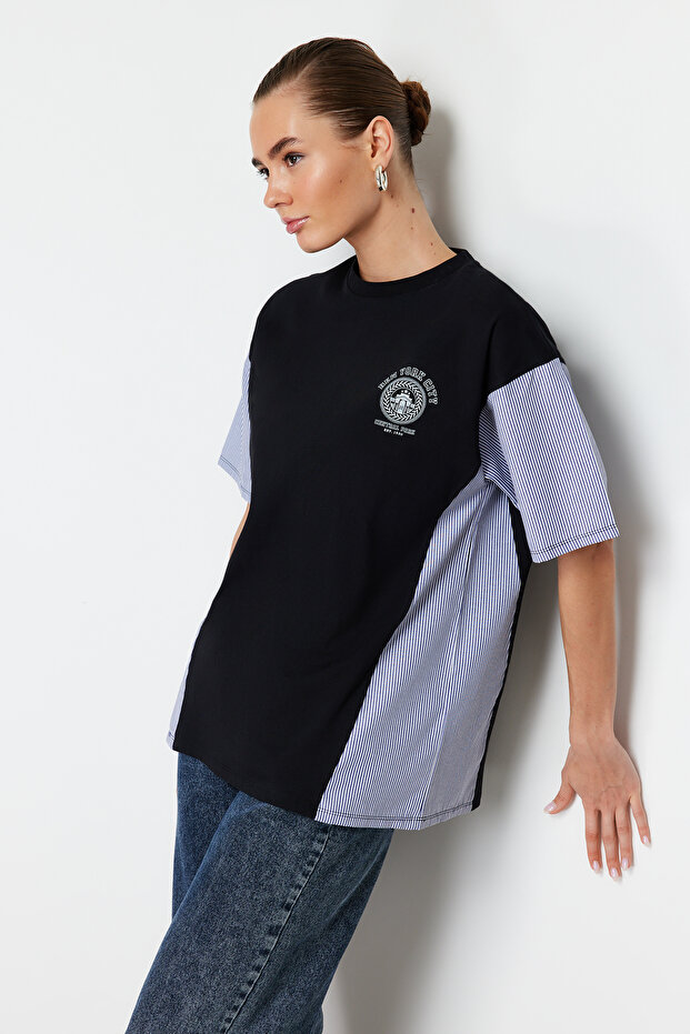 Siyah Kalın Pamuklu Oversize/Geniş Kalıp Poplin Detaylı Baskılı Örme T-Shirt TWOSS24TS00005 - 6