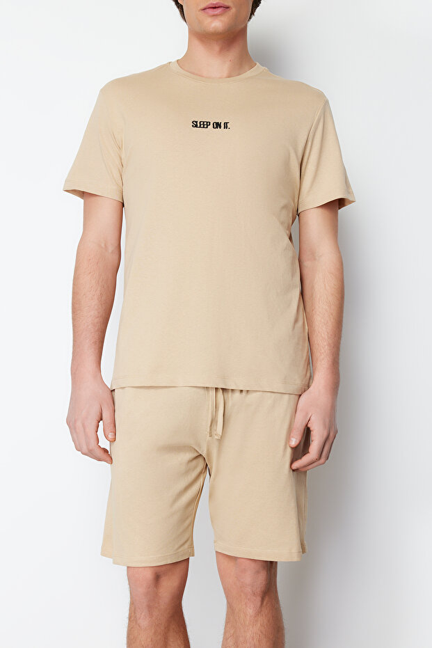 Bej Regular Fit Yazlık Şortlu Pijama Takımı TMNSS23PT00038 - 5