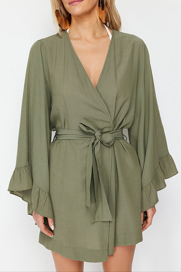 Haki Dokuma Plaj Mini Kuşaklı Kimono&Kaftan TBESS21KM0002 - 4