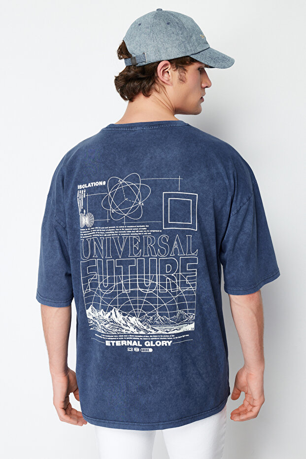 Indigo Oversized/Wide Cut Faded Effect Printed Text 100% Cotton T-Shirt TMNSS24TS00043