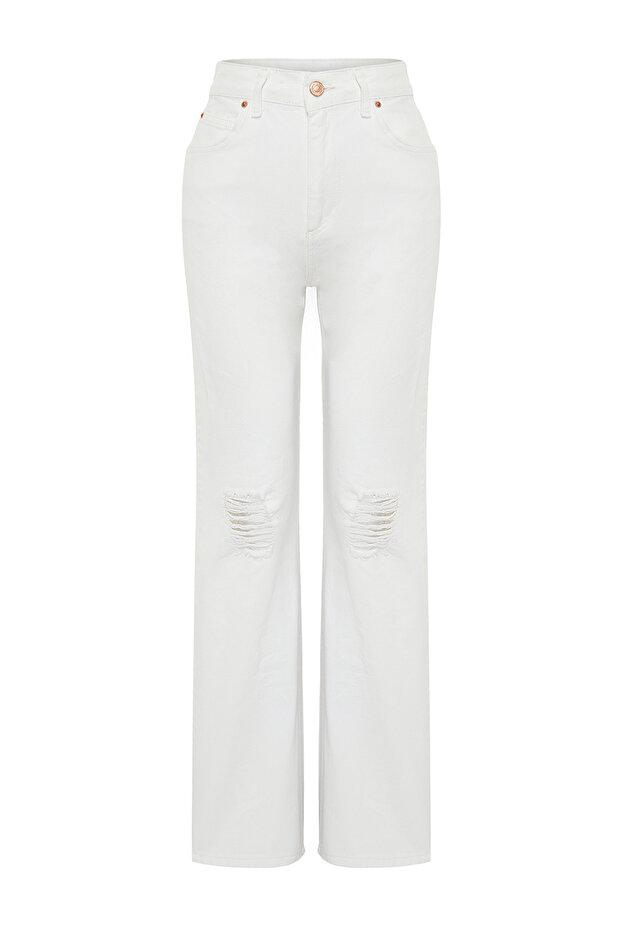 Beyaz Yırtıklı Yüksek Bel Wide Leg Jeans TWOSS24JE00166 - 7